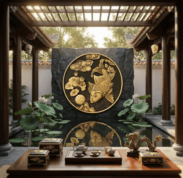 Hoa văn trang trí nhôm đúc - Phù điêu cá chép trông trăng nhôm đúc được ví cho sự thăng tiến trong công việc, may mắn tài lộc trong kinh doanh, sức khỏe và tuổi thọ trong cuộc sống