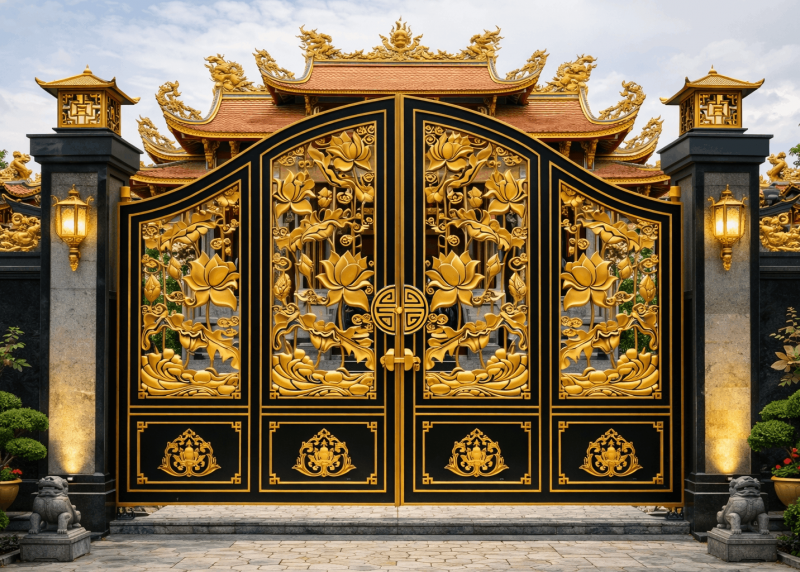 Cổng nhôm đúc hoa sen