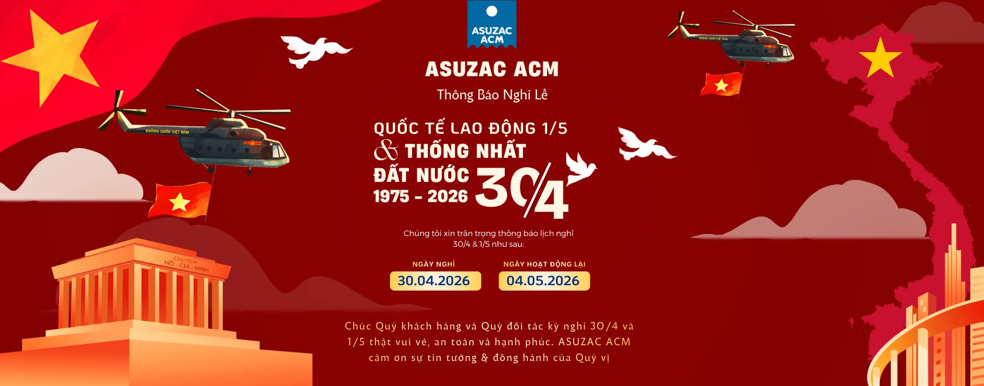 Thông báo nghỉ lễ Giải Phóng Miền Nam 30/04 và Ngày Quốc Tế Lao Động 01/05