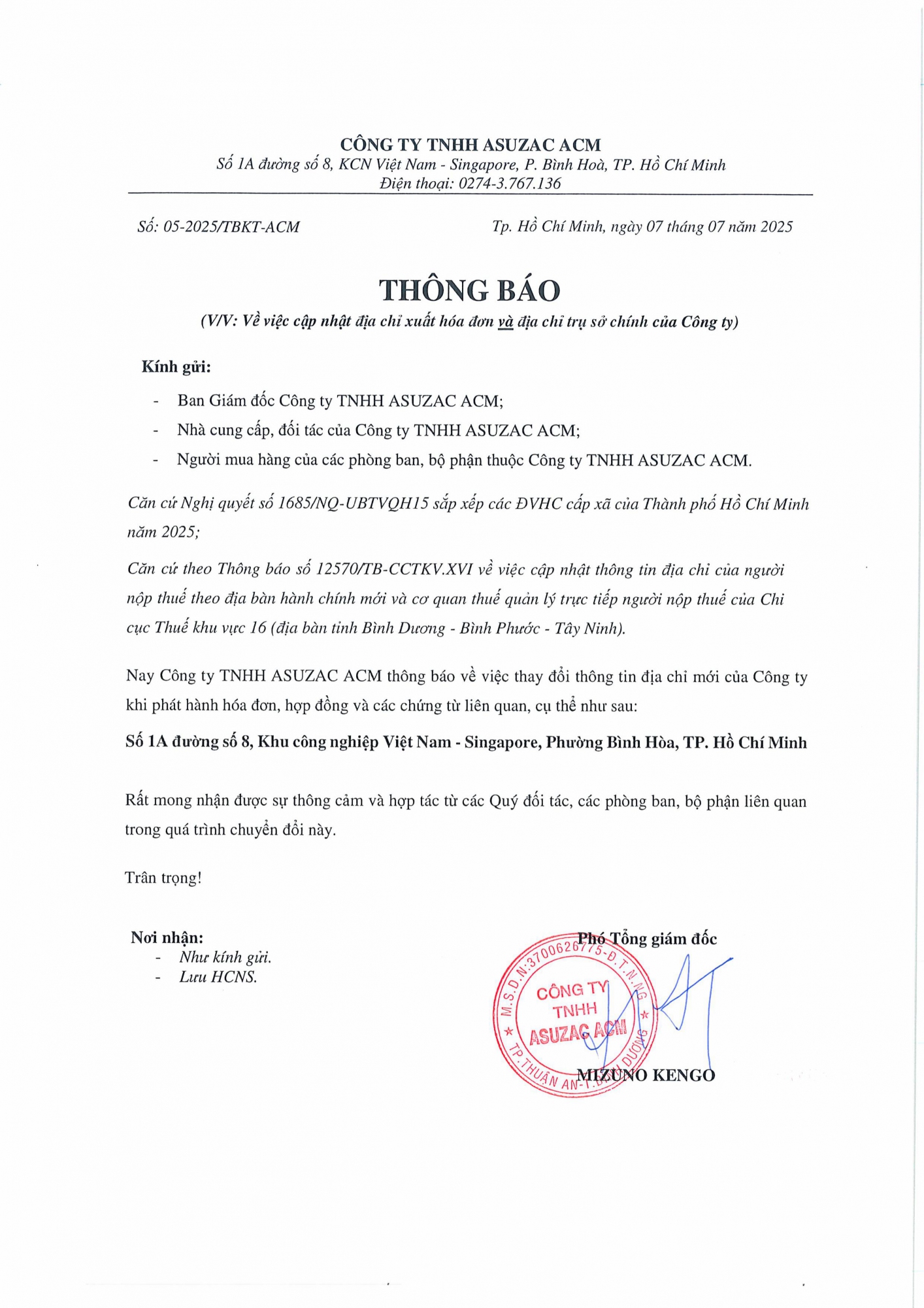 ASUZAC ACM Thông báo thay đổi địa chỉ theo địa giới HC mới (07 07 2025)